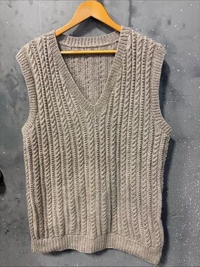 Hand Crafted Taupe Cable Knit V-Neck Sweater Vest